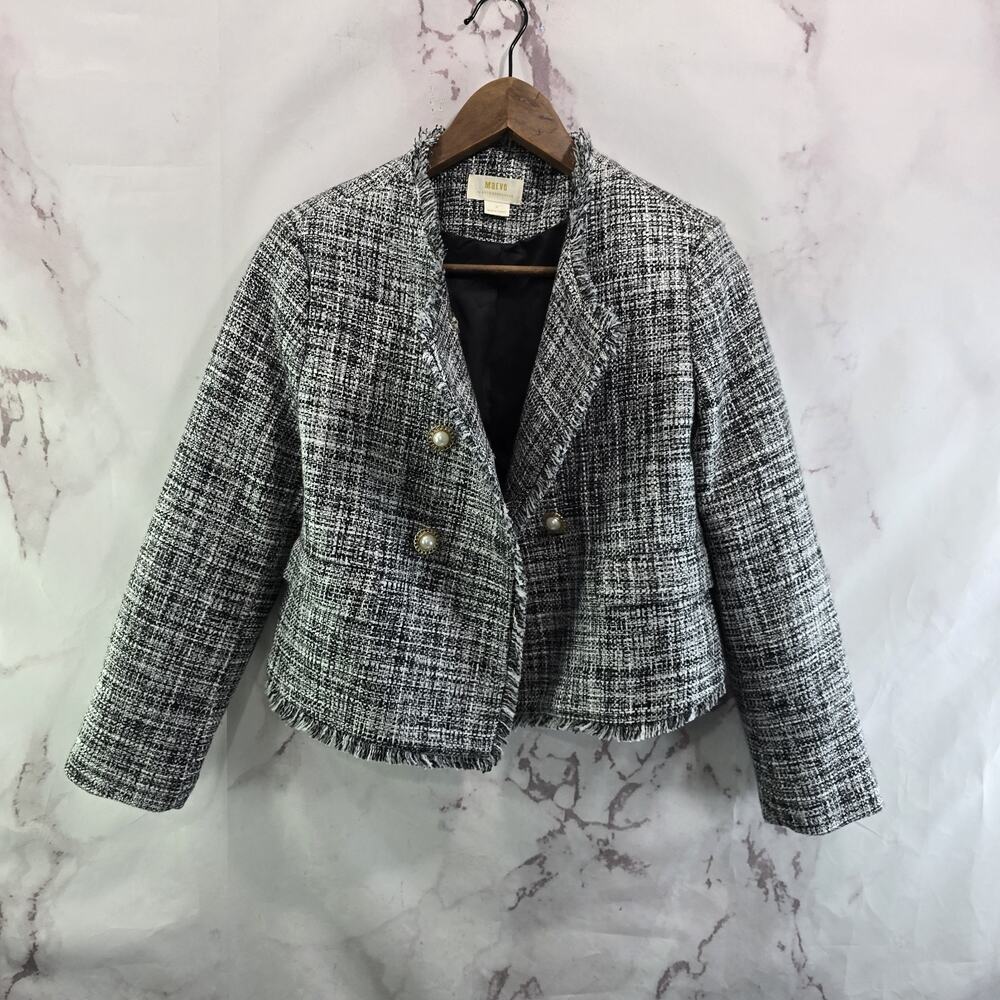 Anthropologie Blazer Women 4 P Black White Tweed Fringe Crop Boucle Pearl Maeve